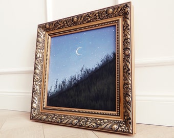 Tiny canvas oil painting, realistic magic night, blue grey sky, stars, crescent moon, moody landscape, baby room, contemporary art, modern