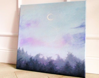 Original oil painting on canvas, magic artwork, delicate dreamy crescent moon landscape, pastel color modern painting, surreal blue pink sky