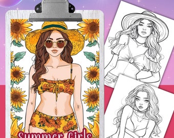 35 Coloring Pages, SUMMER GIRLS, Coloring book for adults and kids, fashion coloring sheets, Models, 8.5x11 and A4 Size, Instant Download