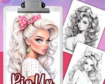 PIN UP Hairstyles Coloring Book, 32 Coloring pages for adults and kids, coloring sheets, 8.5x11 and A4 Size, PDF, Instant Download