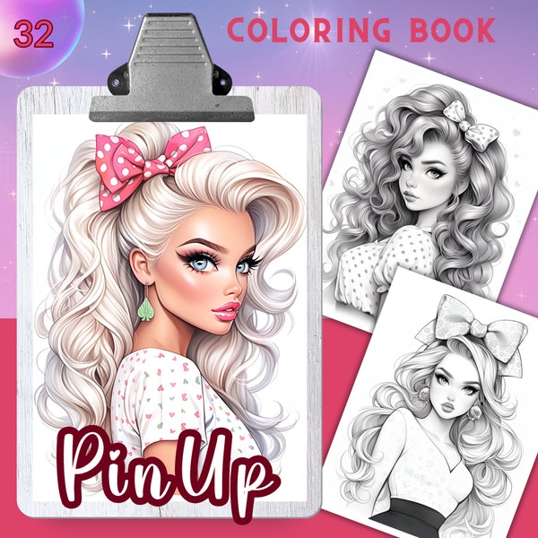 PIN UP Hairstyles Coloring Book, 32 Coloring pages for adults and kids, coloring sheets, 8.5x11 and A4 Size, PDF, Instant Download