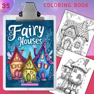 FAIRY HOUSES Coloring Book, 35 Coloring pages for adults and kids, grayscale coloring sheets, 8.5x11 and A4 Size, PDF, Instant Download