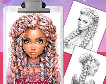 Hairstyles with braids - 25 Coloring Pages, Coloring book for adults and kids, grayscale coloring sheets, 8.5x11 and A4 Size, PDF