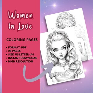 Puede incluir: Dos p&aacute;ginas para colorear con ilustraciones detalladas de mujeres. Una muestra a una mujer con una corona floral y un collar, la otra un primer plano del rostro de una mujer. Se muestra el texto "Women in Love" y "COLORING PAGES".