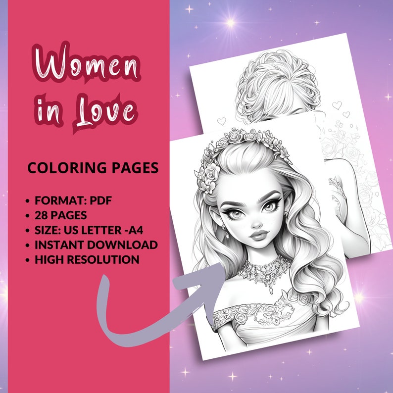 Puede incluir: Dos p&aacute;ginas para colorear con ilustraciones detalladas de mujeres. Una muestra a una mujer con una corona floral y un collar, la otra un primer plano del rostro de una mujer. Se muestra el texto "Women in Love" y "COLORING PAGES".
