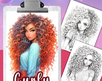 CURLY HAIRSTYLES - 34 Coloring Pages, Coloring book for adults and kids, grayscale coloring sheets, 8.5x11 and A4 Size, PDF
