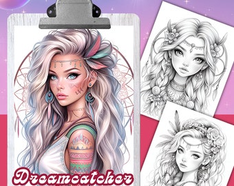 DREAMCATCHER GIRLS Parte-1 Páginas para colorear, 22 Libros para colorear para adultos, hojas para colorear en escala de grises, Tamaño 8.5x11, PDF, Descarga instantánea