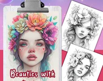 BEAUTIES with FLOWERS Coloring Pages, 20 Coloring book for adults, grayscale coloring sheets, 8.5x11 and A4 Size, PDF, Instant Download