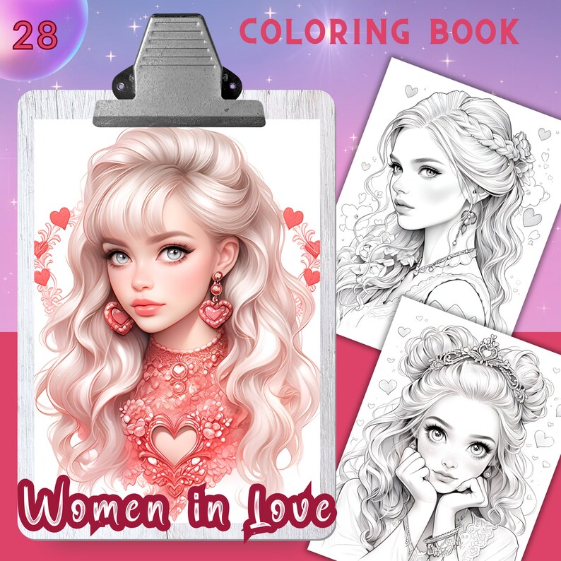 Puede incluir: Un libro para colorear titulado "Women in Love" con ilustraciones de mujeres con cabello largo y ondulado y pendientes en forma de coraz&oacute;n. La portada muestra a una mujer con acentos rosas y rojos. Se ven p&aacute;ginas adicionales con arte lineal.