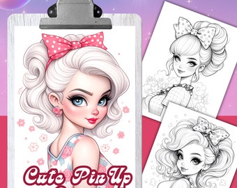 Cute PIN UP Girls Coloring Book, 30 Coloring pages for adults and kids, coloring sheets, 8.5x11 and A4 Size, PDF, Instant Download