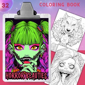 HORROR BEAUTIES Coloring Book, 32 Coloring pages for adults and kids, grayscale coloring sheets, 8.5x11 Size, PDF, Instant Download