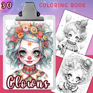 CLOWNS Malbuch, 30 Ausmalseiten für Erwachsene und Kinder, Malvorlagen, 8.5x11 und A4 Größe, PDF, Instant Download