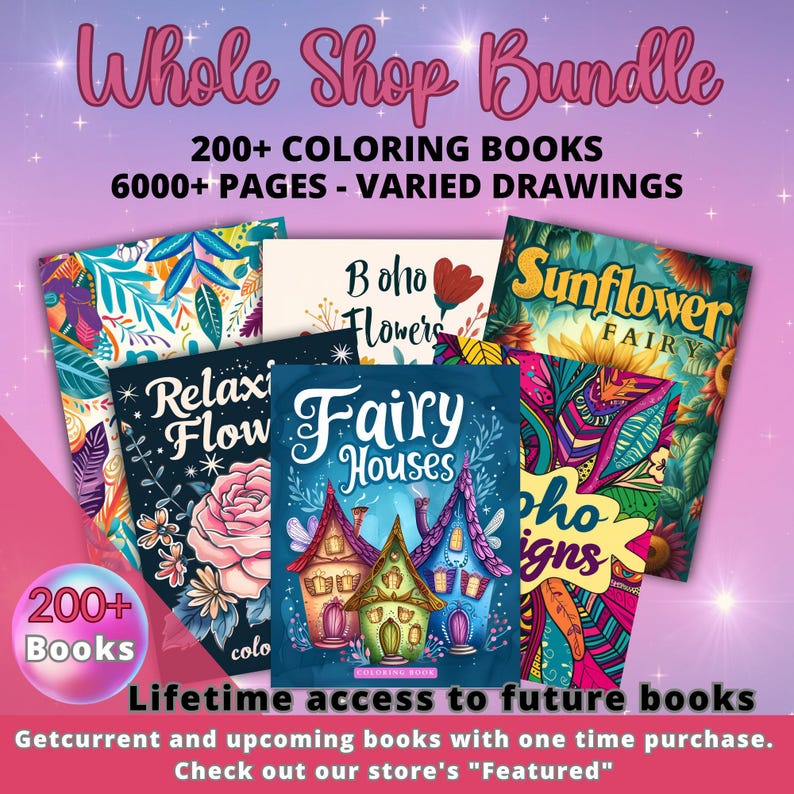 Puede incluir: Un conjunto de libros para colorear con t&iacute;tulos como "Fairy Houses" y "Sunflower Fairy" se muestra sobre un fondo rosa y morado. La imagen incluye texto que dice "Whole Shop Bundle" y "200+ Coloring Books".