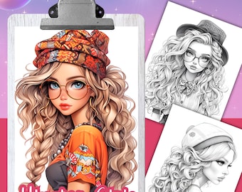 25 Coloring Pages, HIPSTER GIRLS, Coloring book for adults, grayscale coloring sheets, 8.5x11 and A4 Size, PDF, Instant Download