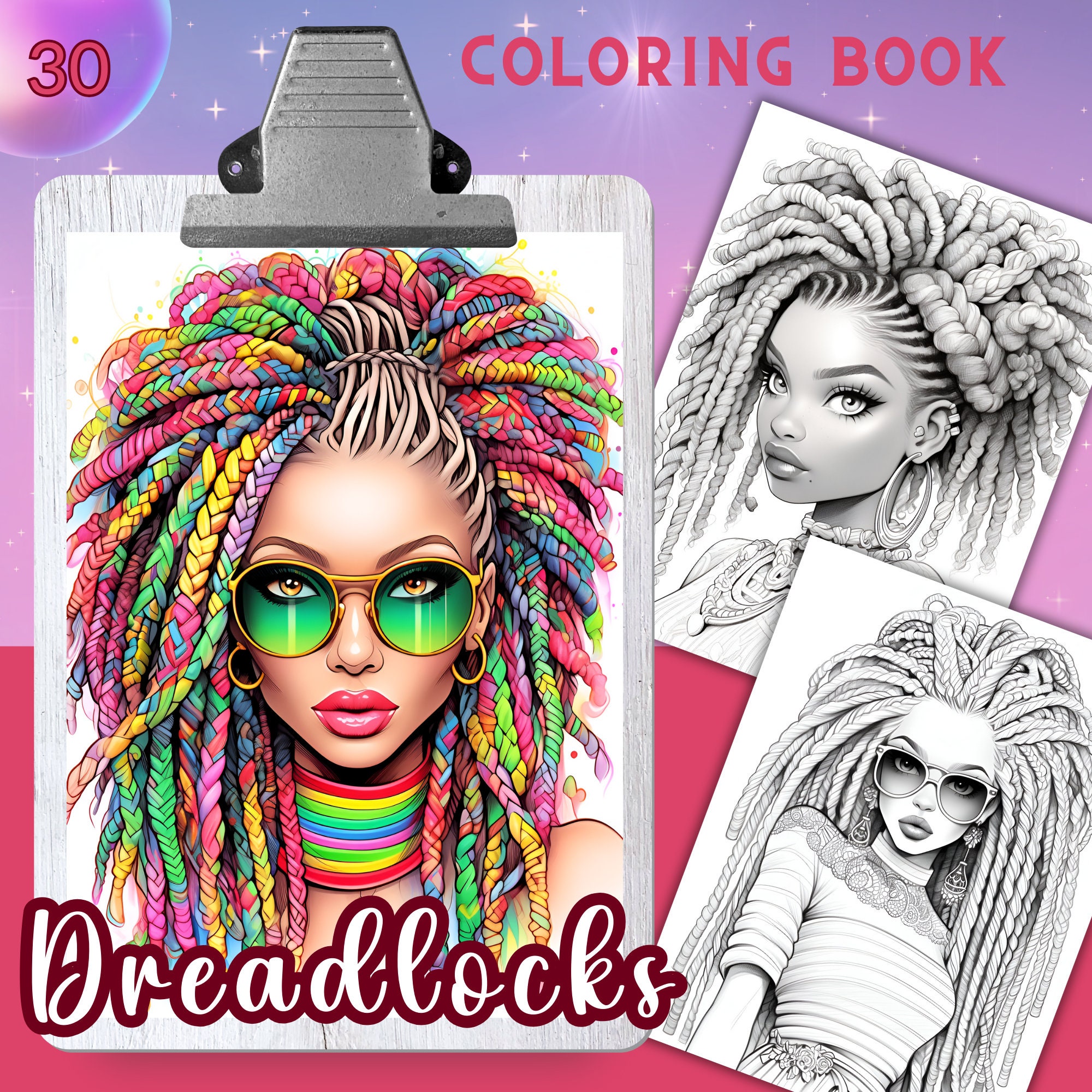 DREADLOCKS HAIRSTYLES Coloring Book, 30 Coloring pages for adults and kids, coloring sheets, 8.5x11 and A4 Size, PDF, Instant Download
