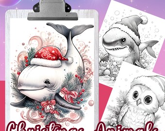 CHRISTMAS ANIMALS Coloring Book, 30 Coloring pages for adults and kids, grayscale coloring sheets, 8.5x11 and A4 Size, PDF, Instant Download