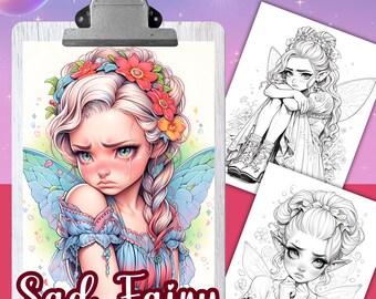 SAD FAIRY - 22 Coloring Pages, Coloring book for adults and kids, grayscale coloring sheets, 8.5x11 and A4 Size, PDF