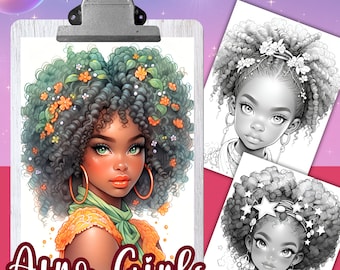 AFRO GIRL kleurboek, 30 kleurpagina's voor volwassenen en kinderen, kleurplaten, 8,5x11 en A4-formaat, PDF, Instant Download