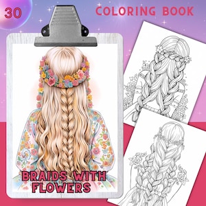 Könnte beinhalten: Eine Malvorlage mit einem Mädchen mit langen, geflochtenen Haaren, die mit Blumen geschmückt sind. Der Titel der Seite lautet "Braids with Flowers".