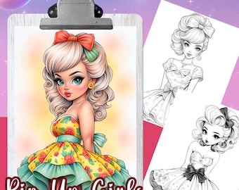 PIN UP Girls Coloring Book, 40 Coloring pages for adults and kids, coloring sheets, 8.5x11 and A4 Size, PDF, Instant Download