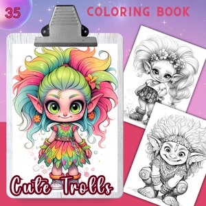 CUTE TROLLS, 35 Coloring Pages, Coloring book for adults and kids, grayscale coloring sheets, 8.5x11 and A4 Size, PDF