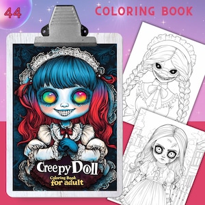 CREEPY DOLLS Coloring Book, 44 Coloring pages for adults and kids, grayscale coloring sheets, 8.5x11 Size, PDF, Instant Download