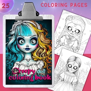 CREEPY DOLLS Coloring Book, 25 Coloring pages for adults and kids, grayscale coloring sheets, 8.5x11 Size, PDF, Instant Download