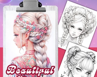 BEAUTIFUL ELVES - 24 Coloring Pages, Coloring book for adults and kids, grayscale coloring sheets, 8.5x11 and A4 Size, PDF