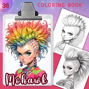 May include: A coloring book page featuring a cartoon girl with a colorful mohawk hairstyle. The page is labeled "Mohawk" and is part of a larger coloring book. The girl has a determined expression on her face and is wearing a colorful outfit.