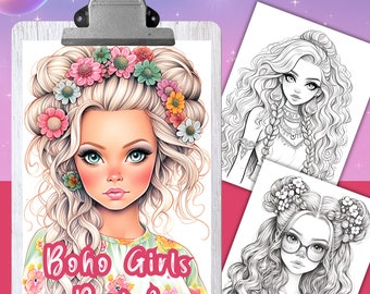 May include: A coloring book with the title "Boho Girls Part 1" and a number 25. The cover features a black and white illustration of a girl with long, wavy hair, wearing a floral crown and a floral patterned shirt.