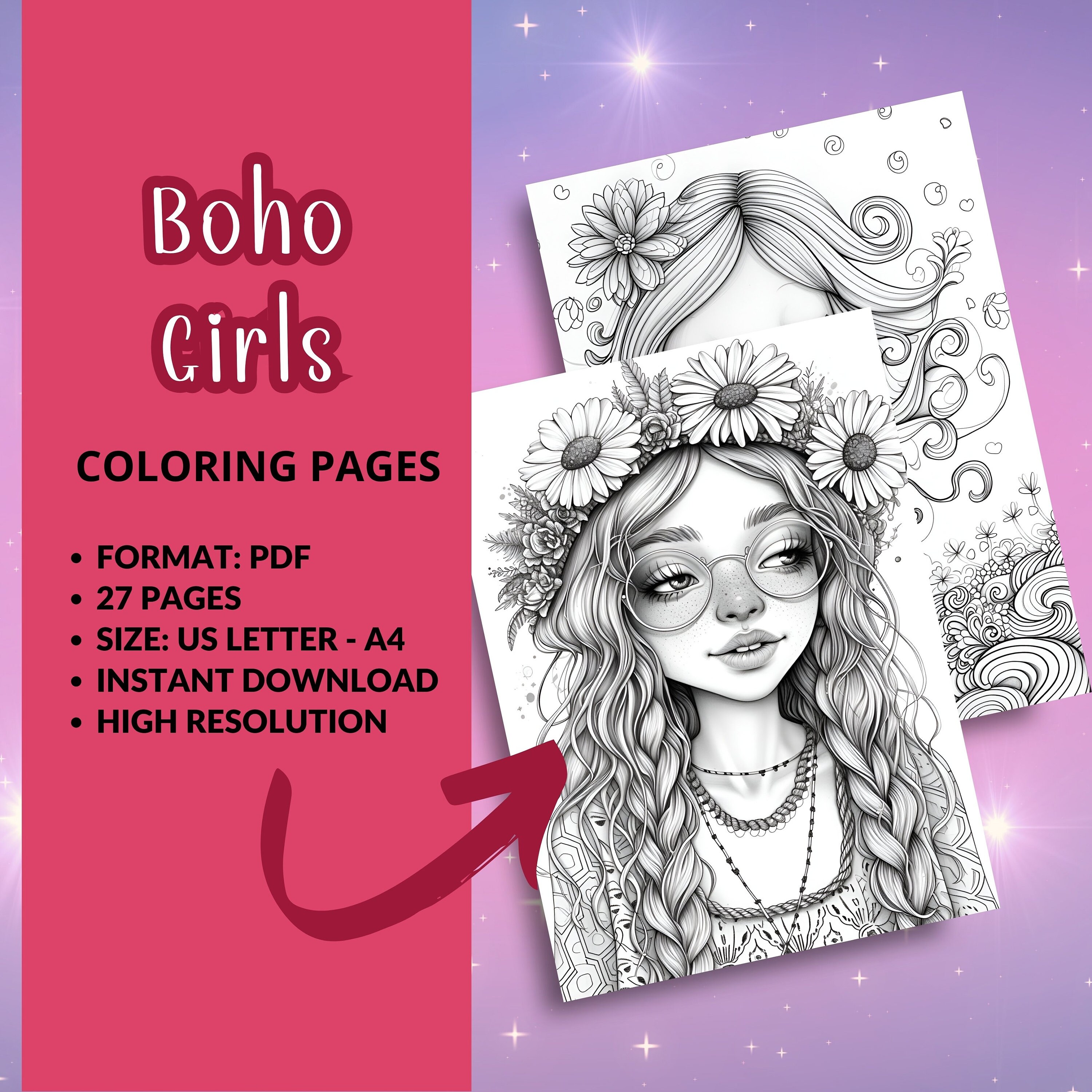 27 Color Pages 27 Coloring Pages, BOHO GIRLS Part-3, Coloring Book for Adults ...