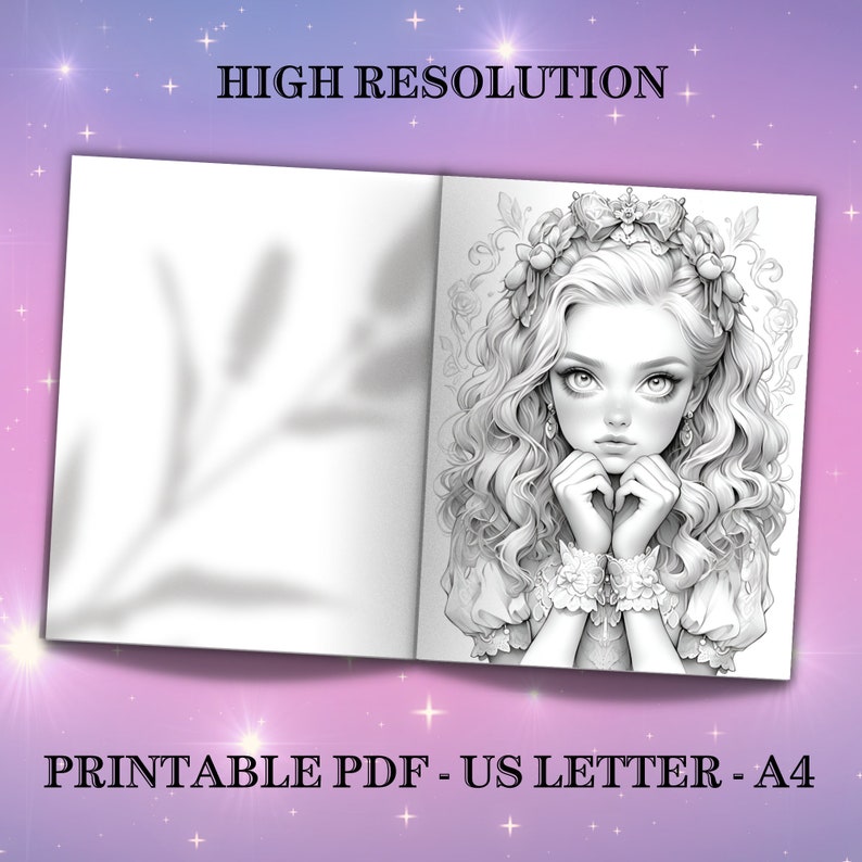 Puede incluir: Libro abierto con una ilustraci&oacute;n en blanco y negro de una mujer con cabello largo y rizado, una corona de flores y ojos grandes. El texto "HIGH RESOLUTION" est&aacute; en la parte superior y "PRINTABLE PDF - US LETTER - A4" en la parte inferior.