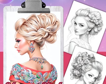 ELEGANT UPDOS - 24 Coloring Pages, Coloring book for adults and kids, grayscale coloring sheets, 8.5x11 and A4 Size, PDF, Instant Download