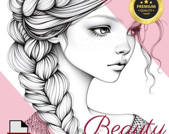May include: A black and white illustration of a woman with long braided hair, a detailed face, and a pink background. The image includes the text "Beauty Coloring Page" and a "Premium Quality" seal.