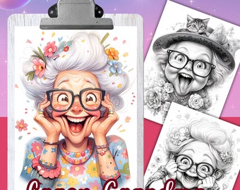 CRAZY GRANDMA, 25 Coloring Pages, Coloring book for adults and kids, grayscale coloring sheets, 8.5x11 and A4 Size, PDF