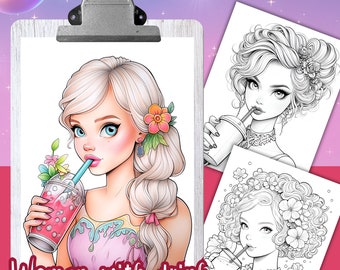 Coloring Book WOMAN with DRINK, 28 Coloring pages for adults and kids, grayscale coloring sheets, 8.5x11 Size, PDF, Instant Download