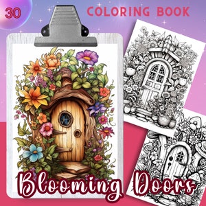 BLOOMING DOORS Kleurboek, 30 kleurpagina's voor volwassenen en kinderen, grijswaarden kleurplaten, 8,5x11 en A4-formaat, PDF, Instant Download