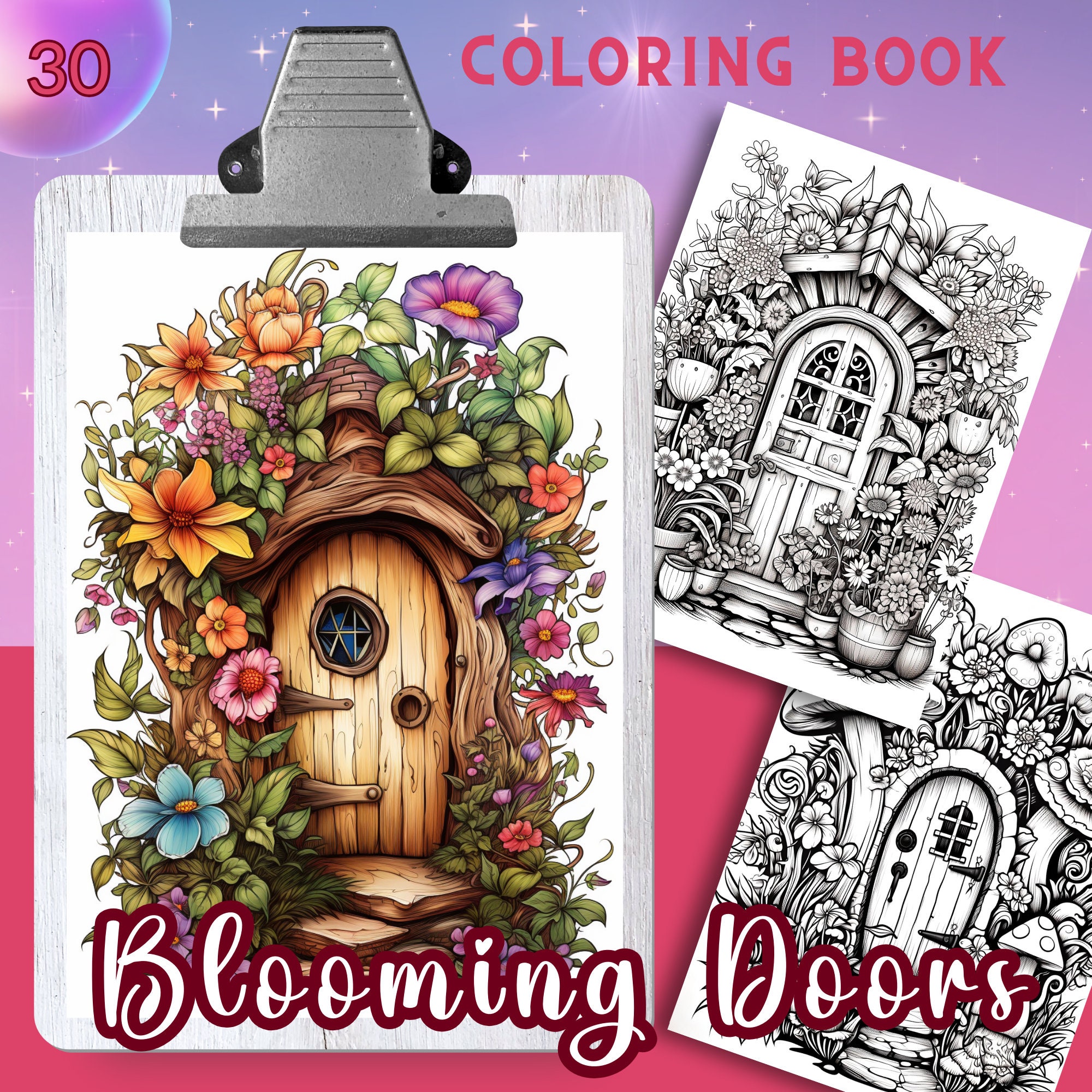 BLOOMING DOORS Coloring Book, 30 Coloring pages for adults and kids, grayscale coloring sheets, 8.5x11 and A4 Size, PDF, Instant Download