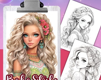 BOHO STYLE - 30 Coloring Pages, Coloring book for adults and kids, grayscale coloring sheets, 8.5x11 and A4 Size, Instant Download