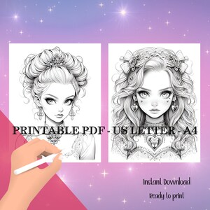Puede incluir: Dos retratos de arte digital imprimibles en blanco y negro de mujeres j&oacute;venes con peinados y joyas elaborados. El texto de la imagen dice "PRINTABLE PDF - US LETTER - A4" y "Instant Download Ready to print."