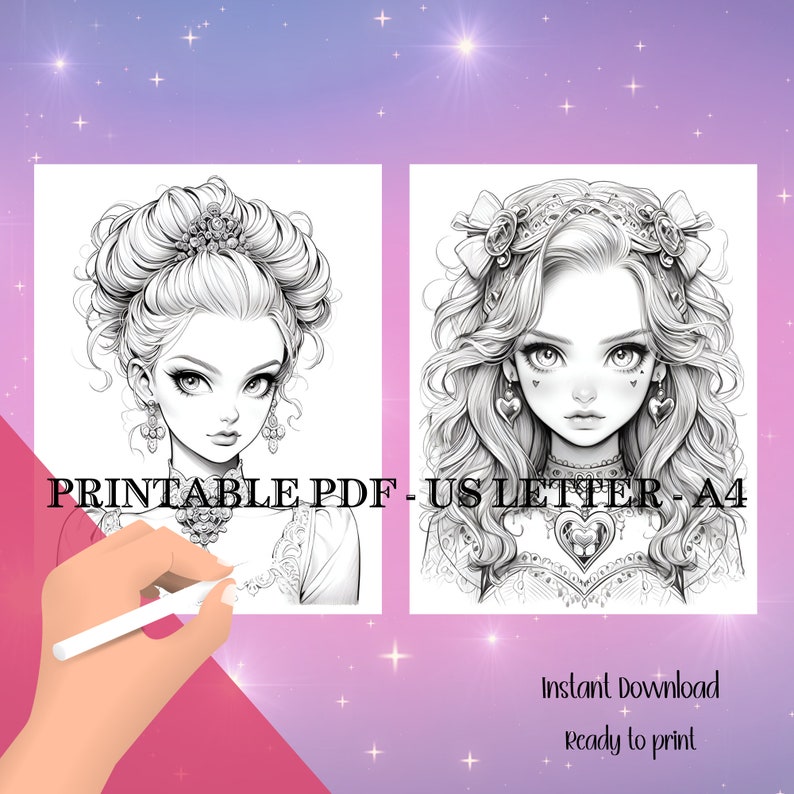 Puede incluir: Dos retratos de arte digital imprimibles en blanco y negro de mujeres j&oacute;venes con peinados y joyas elaborados. El texto de la imagen dice "PRINTABLE PDF - US LETTER - A4" y "Instant Download Ready to print."