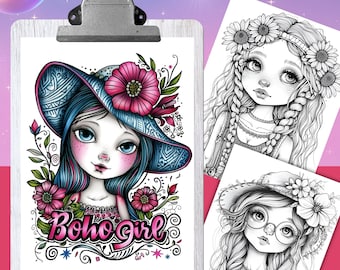 27 Coloring Pages, BOHO GIRLS Part-3, Coloring book for adults, grayscale coloring sheets, 8.5x11 and A4 Size, Instant Download, PDF