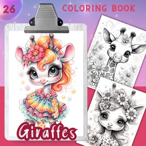26 Coloring Pages, GIRAFFES, Coloring book for adults and kids, grayscale coloring sheets, 8.5x11 and A4 Size, PDF