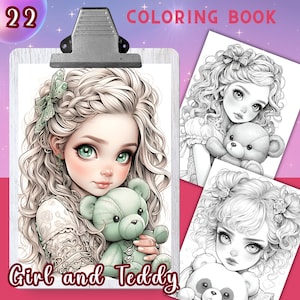 GIRL and TEDDY Coloring Book, 22 Coloring pages for adults and kids, coloring sheets, 8.5x11 and A4 Size, PDF, Instant Download