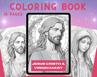 Jesus Christ & Virgin Mary 10 Coloring Pages, Coloring Book for adults, Coloring Sheets, 8.5x11 Size, PDF, Printable, Catolic religion