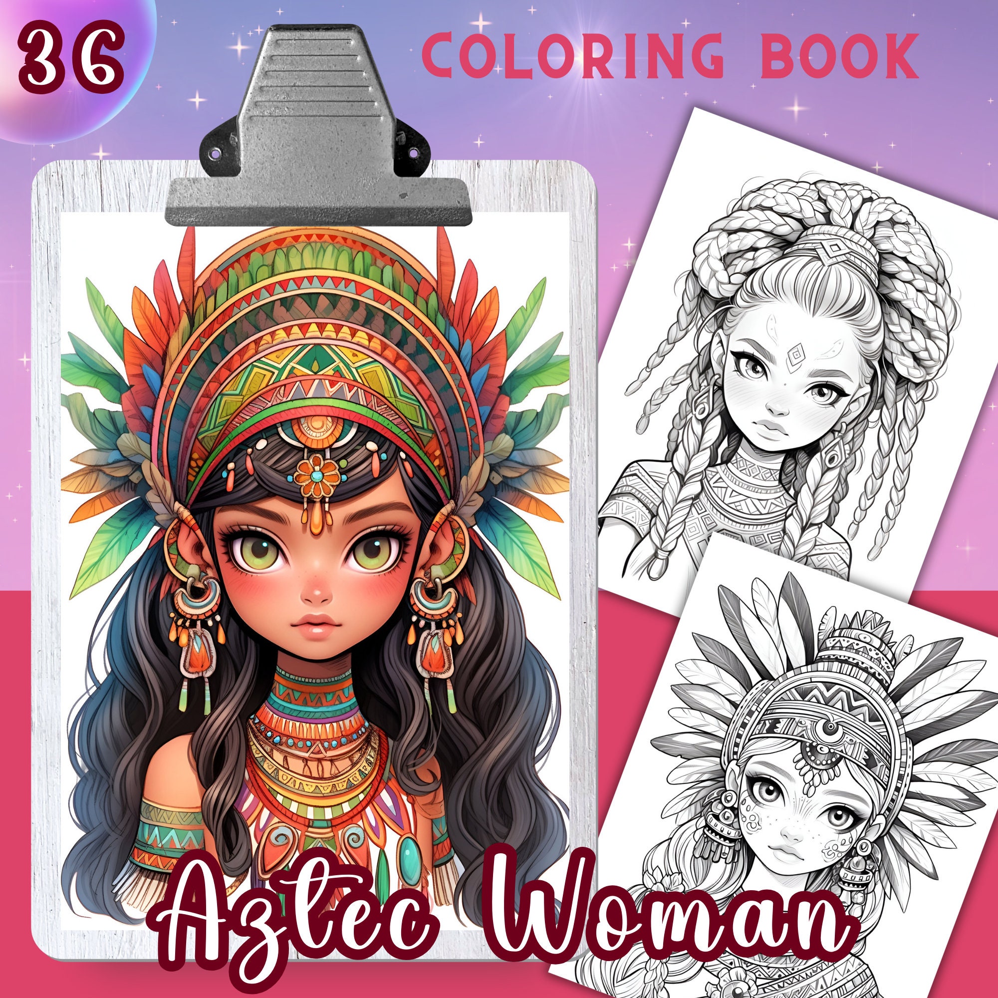 AZTEC WOMAN Coloring Book, 36 Coloring Pages for Adults and Kids ...