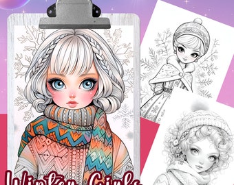 WINTER GIRLS Coloring Book, Relaxing and Inspiring Designs for Stress Relief and Mindfulness, 37 Unique Illustrations, PDF, fashion coloring