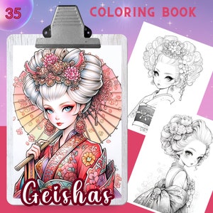 GEISHAS Coloring Book, Relaxing and Inspiring Designs for Stress Relief and Mindfulness, 35 Unique Illustrations, PDF, women coloring