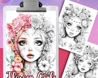 FLOWER GIRLS Coloring Pages, 25 Coloring book for adults and kids, grayscale coloring sheets, 8.5x11 Size, PDF, Instant Download