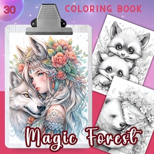 MAGIC FOREST - 30 Coloring Pages, Coloring book for adults and kids, grayscale coloring sheets, 8.5x11 and A4 Size, PDF